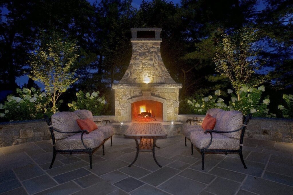 Bluestone patio and natural stone fireplace