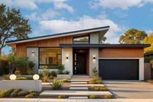 Modern home exterior with stone veneer, warm wood siding, black garage door, and minimalist landscaping under a blue sky.