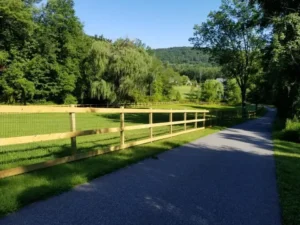 Wood split-rail fence with wire mesh