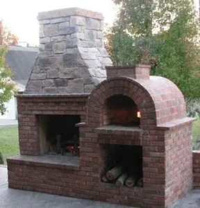 Brick and stone fireplace and pizza oven