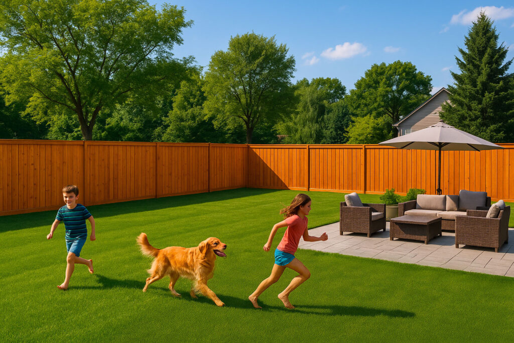 backyard scene on a sunny day, featuring a tall cedar privacy fence, patio seating, green lawn, two children playing in swimsuits, and a golden retriever running joyfully.