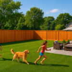 backyard scene on a sunny day, featuring a tall cedar privacy fence, patio seating, green lawn, two children playing in swimsuits, and a golden retriever running joyfully.