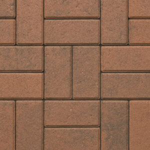 Close-up of a basket weave paver pattern made of reddish-brown bricks laid in alternating horizontal and vertical pairs.