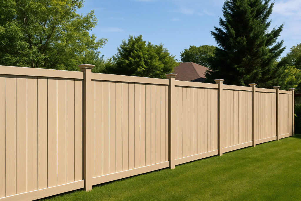 A beige wooden privacy fence in a suburban backyard, surrounded by lush green grass and mature trees under a sunny blue sky.