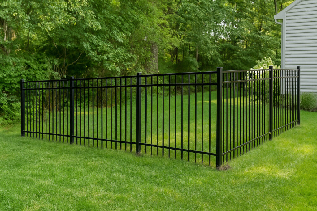 A sleek black aluminum fence enclosing a green backyard beside a house, with clean vertical lines and decorative finials against a wooded backdrop.
