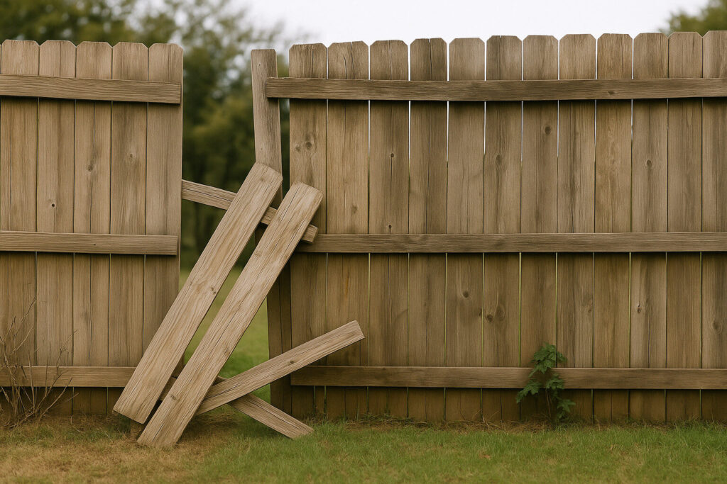 A broken wooden fence with several cracked and leaning planks, showing signs of weather damage and decay in a grassy backyard setting.