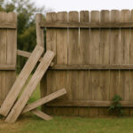 A broken wooden fence with several cracked and leaning planks, showing signs of weather damage and decay in a grassy backyard setting.