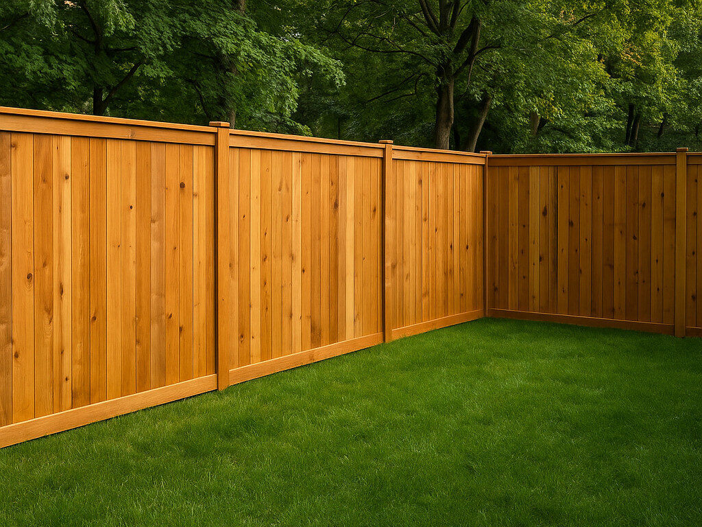 A beautiful cedar wood privacy fence with warm reddish-brown tones enclosing a lush backyard, bordered by mature trees and a nearby home.