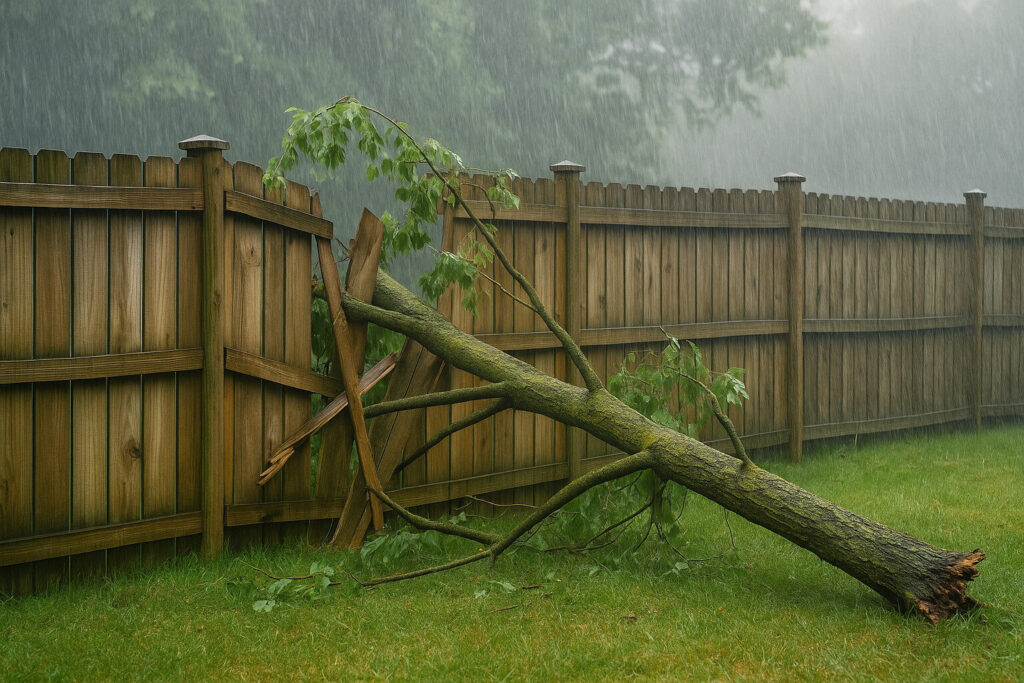 A wooden backyard fence broken by a fallen tree limb during a rainstorm, with visible splintered boards and heavy rain in a North Jersey residential setting.