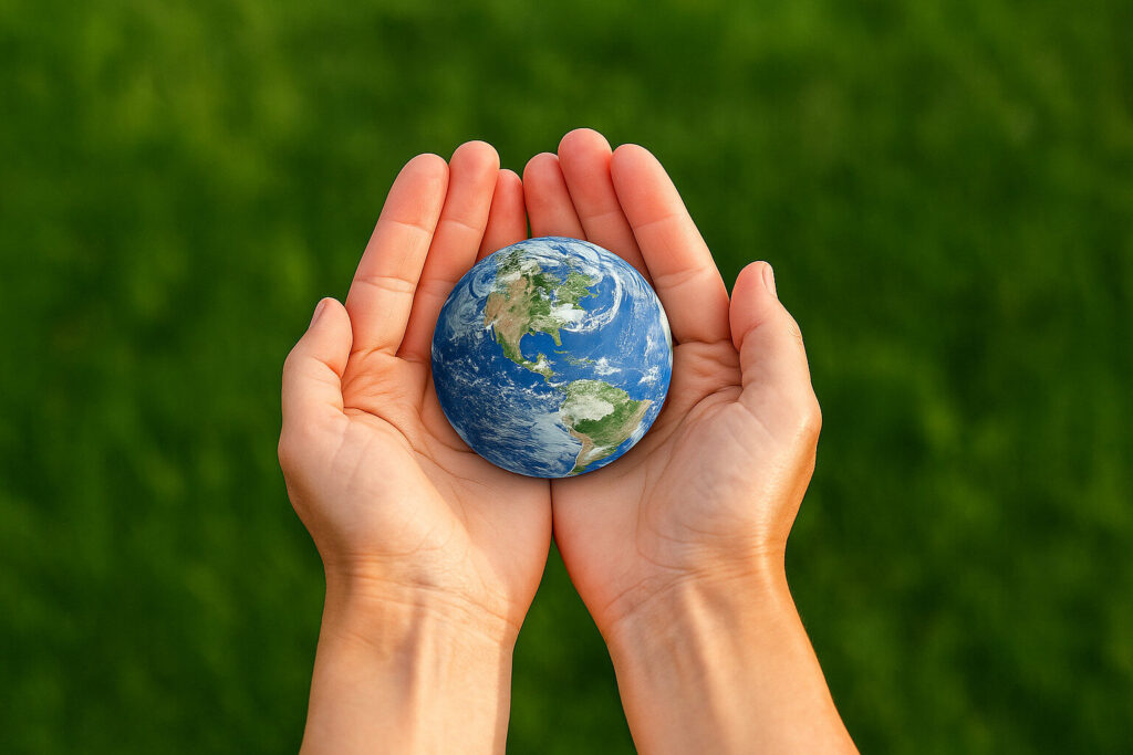 A pair of hands gently cradling a small globe of Earth against a green grass background, symbolizing environmental care and eco-friendly values.