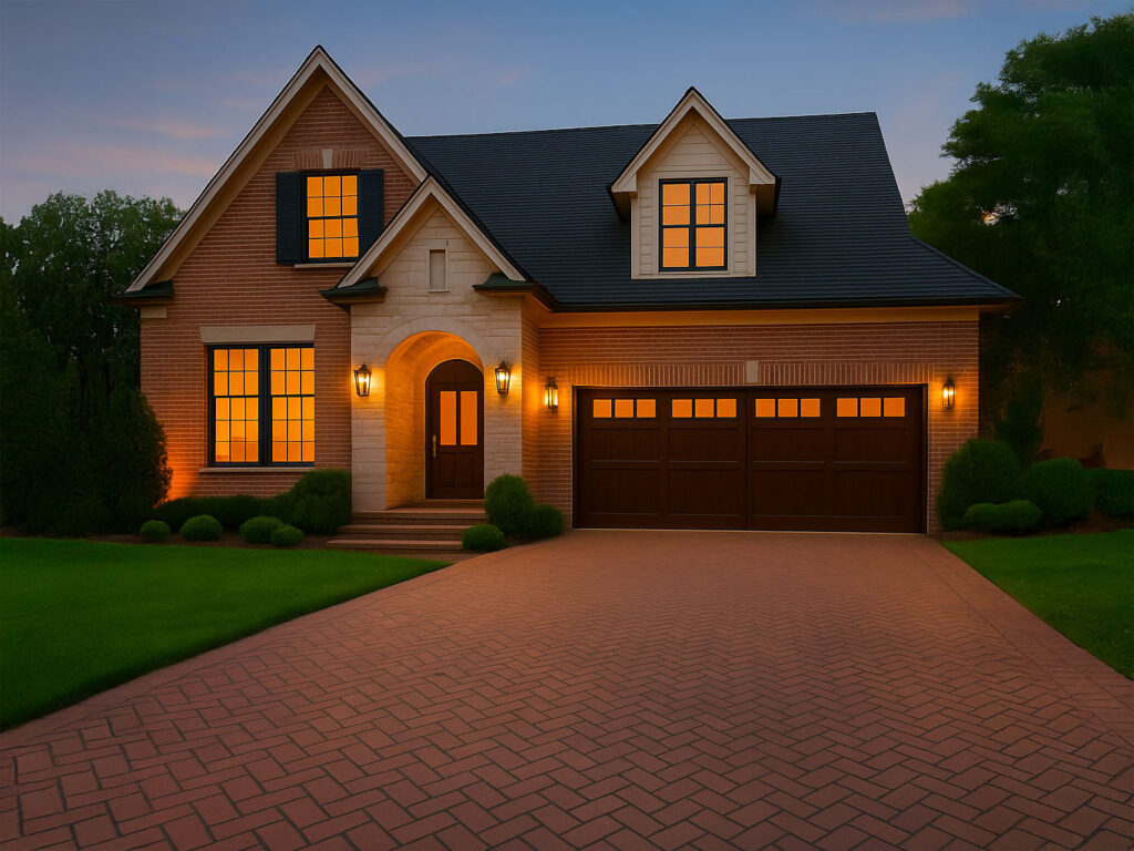 Elegant brick home with a high-end herringbone paver driveway, photographed at twilight with warm lighting and manicured landscaping.