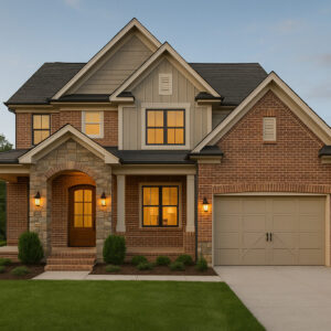Beautiful mixed-style home featuring red brick, stone archways, and beige siding with modern and traditional design elements.
