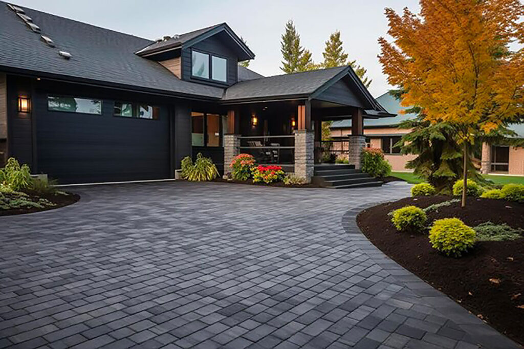 Suburban home with a modern paved driveway made of interlocking stone pavers