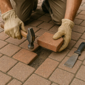 Close-up of a worker replacing a brick paver with a hammer and gloves during walkway maintenance.