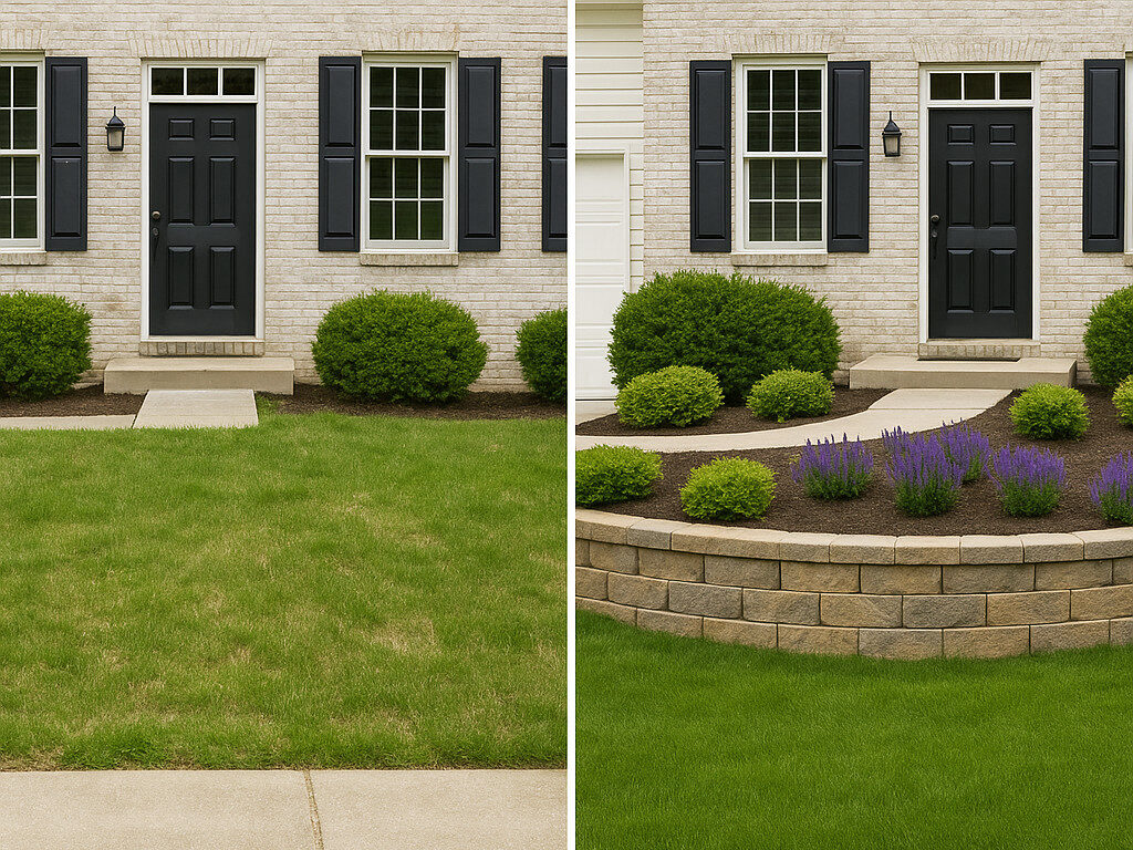 Before and after image showing a front yard transformation with a new stone retaining wall, colourful plants, and vibrant grass that adds visual interest and curb appeal.