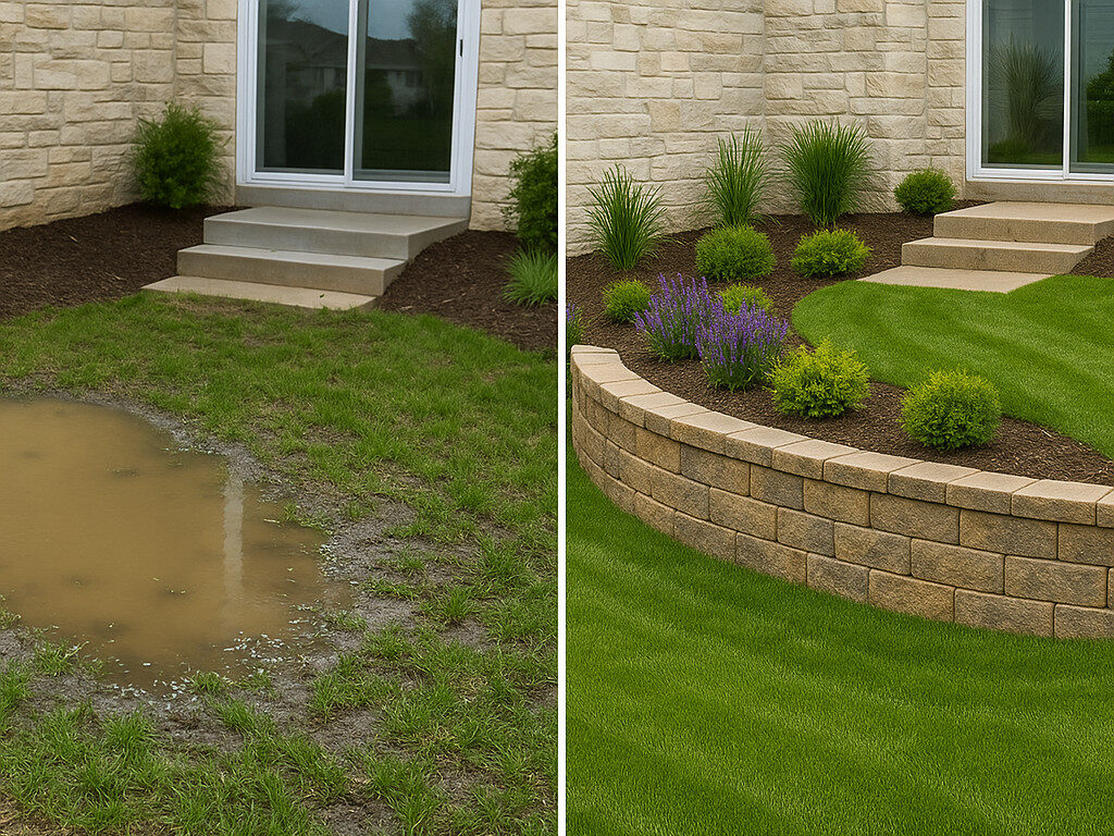 Before and after image showing a waterlogged yard with standing puddles transformed into a lush lawn with a retaining wall and proper drainage landscaping.
