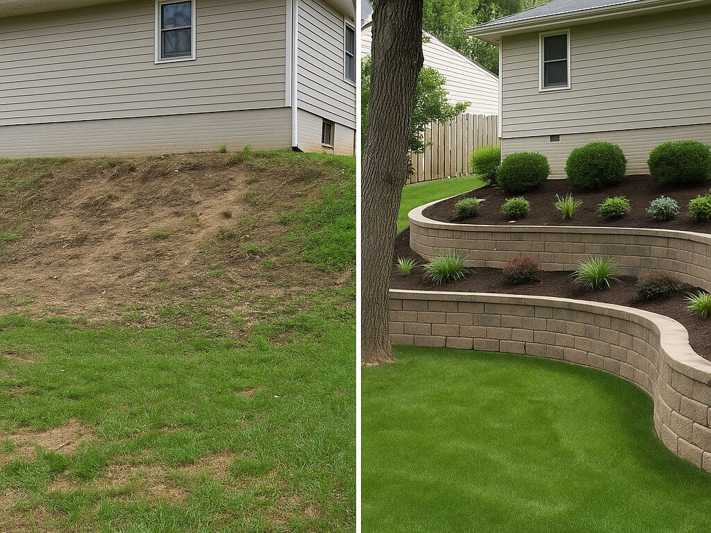 Side-by-side before and after image showing a sloped, eroded yard transformed by a terraced stone retaining wall with healthy plants and a manicured lawn.