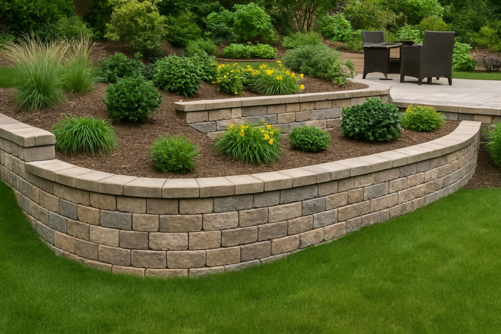 Curved, multi-tiered stone retaining wall in a landscaped backyard, featuring neatly trimmed shrubs, ornamental grasses, and a paved patio seating area.
