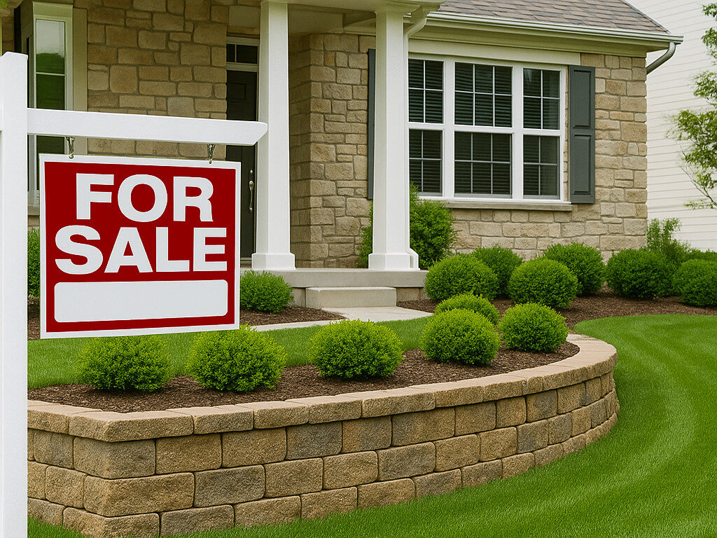 Front yard of a house for sale featuring a curved stone retaining wall, neatly trimmed shrubs, and a manicured lawn, enhancing curb appeal and property value.