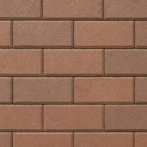 Close-up of a running bond paver pattern showing staggered reddish-brown bricks with light gray mortar joints.