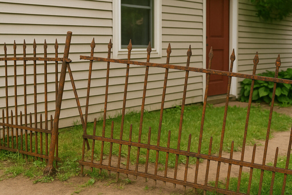 A rusted and bent metal fence in front of a suburban home, showing corrosion and signs of an unstable footing on a patchy lawn.