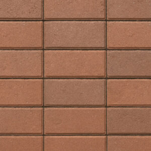 Close-up of a stacked bond paver pattern showing reddish-brown bricks aligned perfectly in a grid with uniform horizontal and vertical lines.