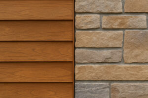 Close-up of golden-brown wood siding paired with beige and gray stone veneer, showing a cohesive and natural material blend for home exterior design.