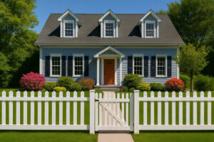 A blue Cape Cod-style home with black shutters and an orange front door, fronted by a white vinyl picket fence with a matching gate over the walkway, showcasing vibrant landscaping and strong curb appeal.