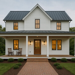 Beautiful white farmhouse with a covered front porch, dark metal roof, and warm evening lighting creating a cozy and inviting atmosphere.