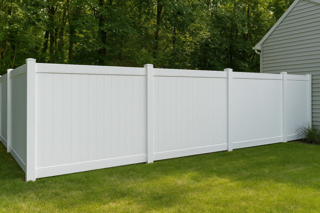 A clean white vinyl privacy fence enclosing a well-kept backyard, with a forest backdrop and the side of a suburban home visible.