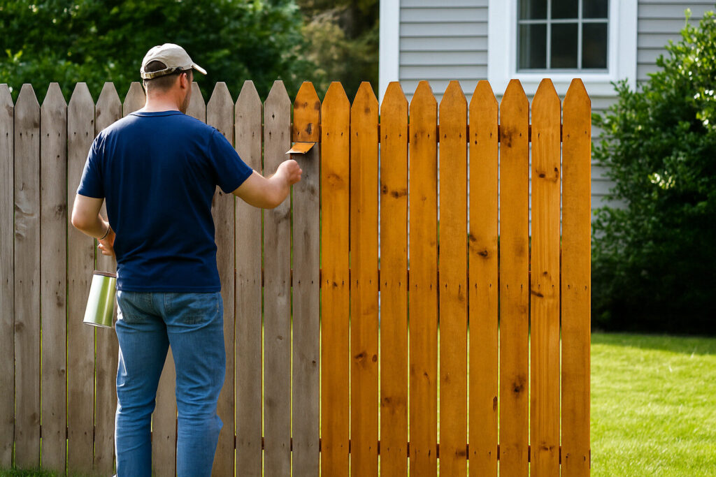 A man staining a weathered wood fence in a residential backyard, showing the contrast between untreated and freshly maintained wood.