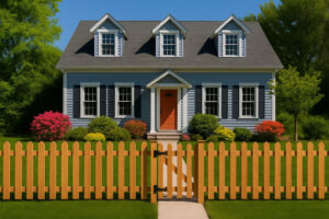 A blue Cape Cod-style home with black shutters and an orange door, fronted by a wooden picket fence with a gate over a walkway, showcasing excellent curb appeal.