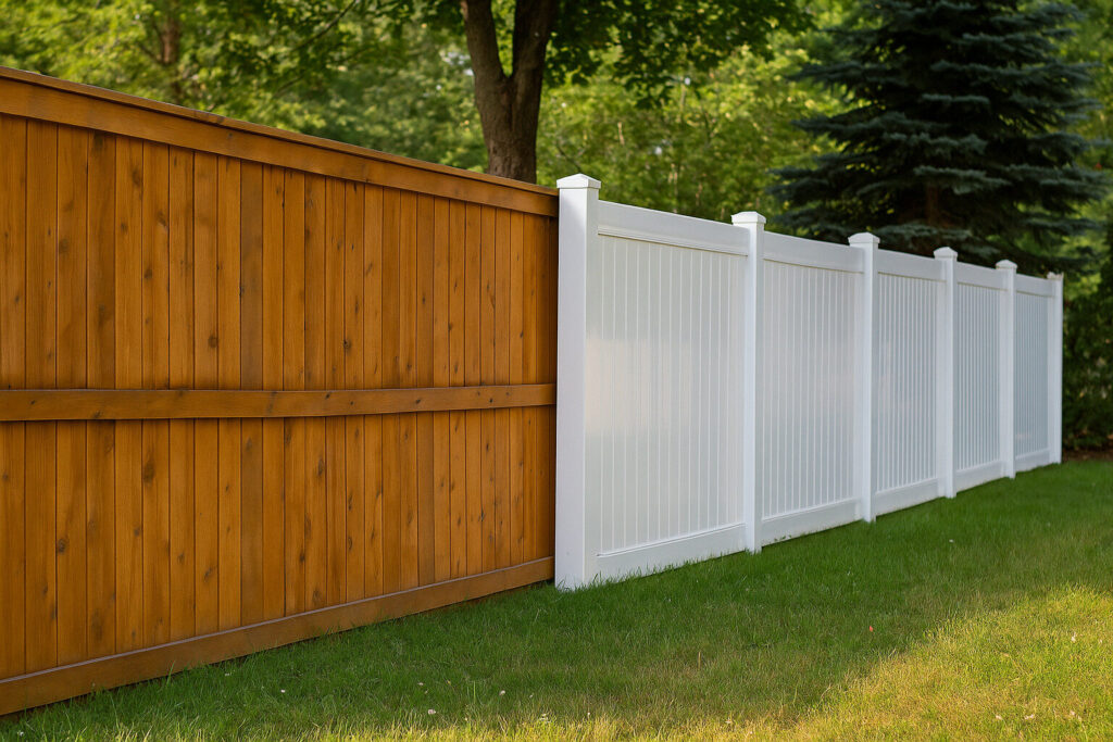 Side-by-side comparison of a natural wood fence and a white vinyl fence in a residential yard, showing the visual and material differences between the two options.