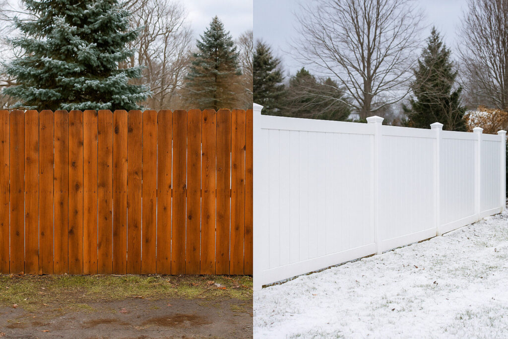 Side-by-side comparison of a wood fence and a vinyl fence in North Jersey winter weather, showing natural wood tones on one side and a clean white vinyl finish on the other, with snow-covered ground and evergreen trees in the background.