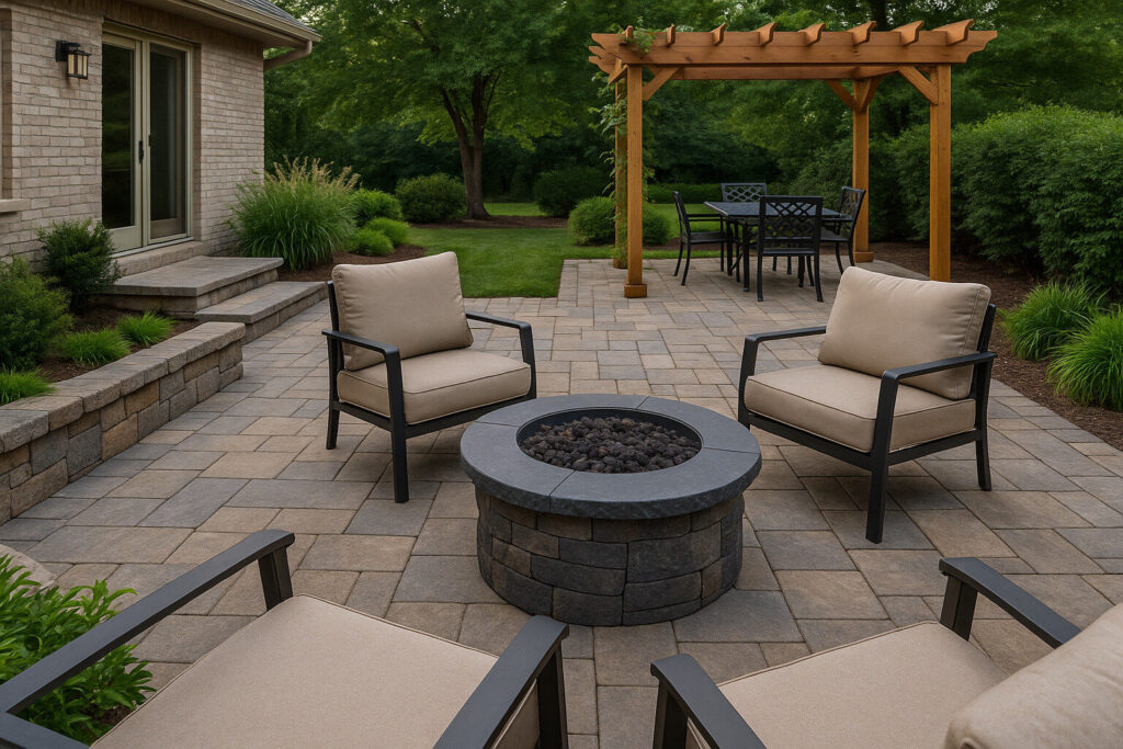 Modern backyard patio with stone pavers, cushioned seating around a fire pit, and a pergola-covered dining area surrounded by greenery.