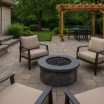 Modern backyard patio with stone pavers, cushioned seating around a fire pit, and a pergola-covered dining area surrounded by greenery.