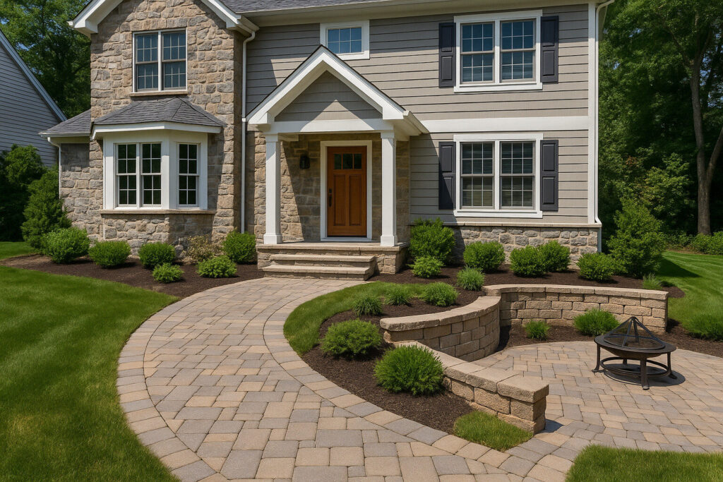 Front yard of a North Jersey home featuring a natural stone facade, paver walkway, and manufactured stone retaining walls surrounded by green landscaping.
