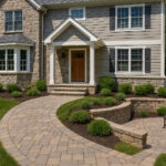 Front yard of a North Jersey home featuring a natural stone facade, paver walkway, and manufactured stone retaining walls surrounded by green landscaping.