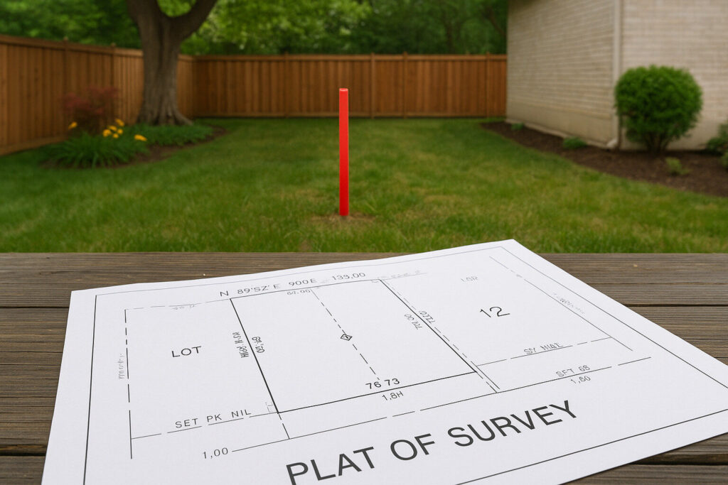 Plat survey map on a table with a red boundary marker in a backyard, showing property lines before fence installation.