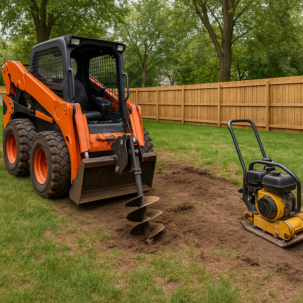 Skid-steer loader with auger attachment and plate compactor in a backyard preparing for fence installation.
