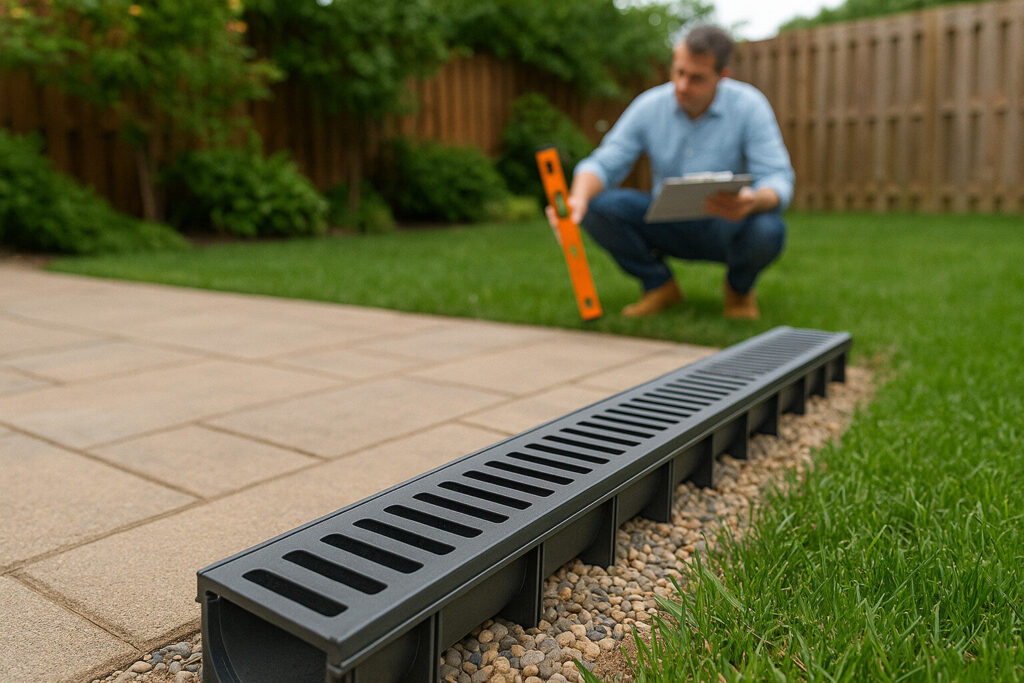 Inspector checking drainage channel and grading beside a backyard patio to ensure proper water flow before installation.