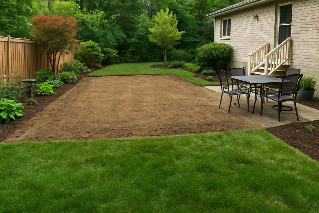 Cleared backyard area prepared for patio installation with green lawn, garden beds, and wooden fence on a sunny day.