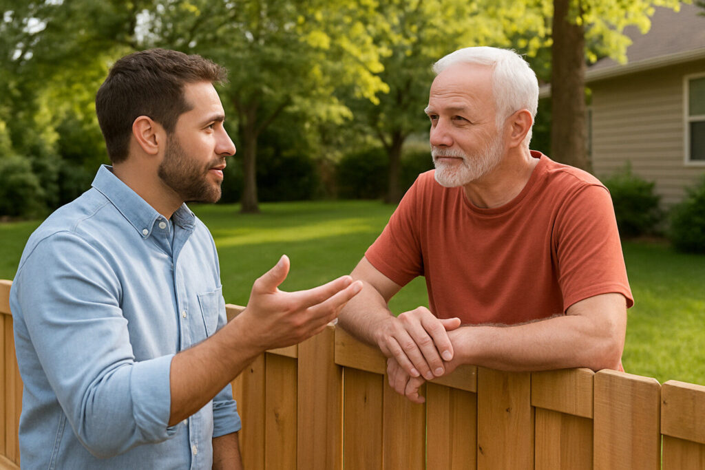 Two men having a friendly conversation over a wooden backyard fence before starting a fence installation project.
