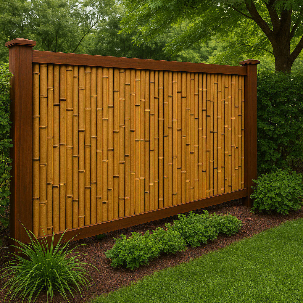 Eco-friendly bamboo fence with natural texture and wooden frame, surrounded by lush green landscaping in a suburban backyard.