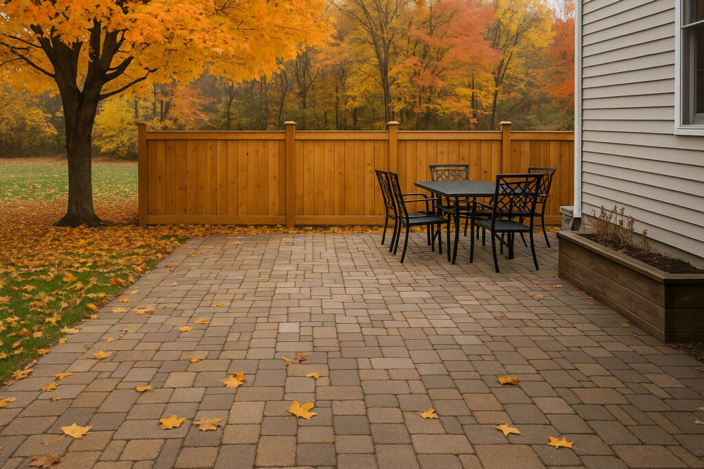 Backyard patio with paver stones, black metal furniture, and wooden privacy fence surrounded by fall foliage in a North Jersey suburban home.