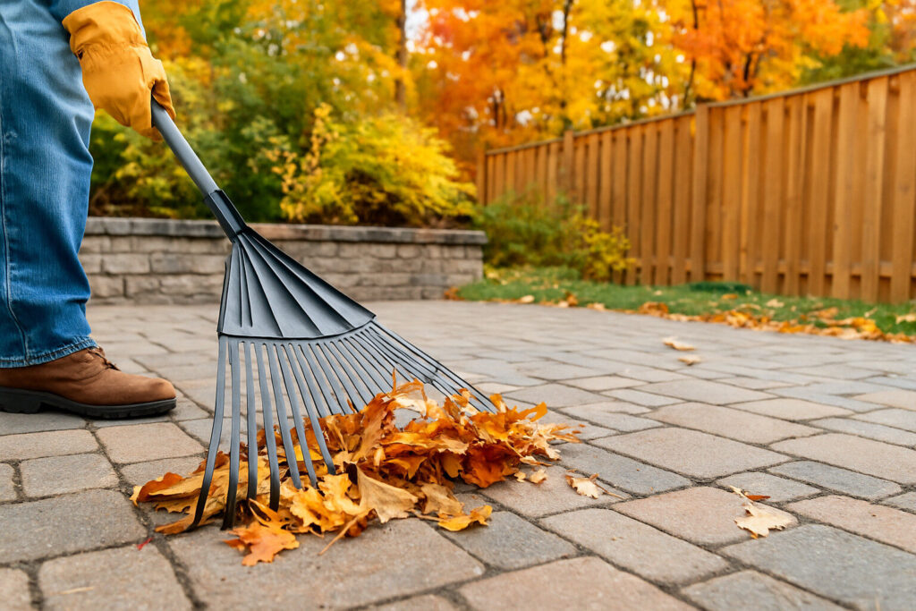 Homeowner raking autumn leaves on a brick patio next to a wooden fence with vibrant fall foliage in a North Jersey backyard.