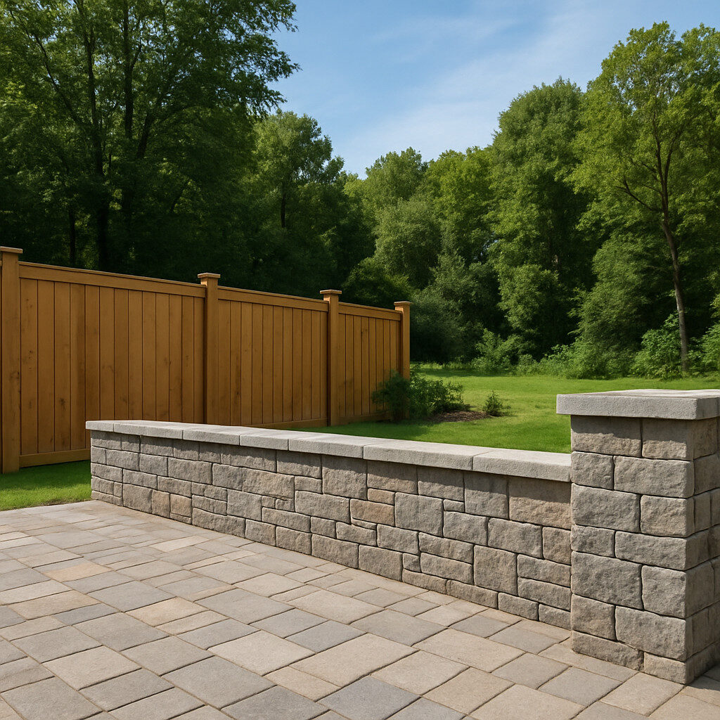 Stone retaining wall and patio with wooden privacy fence in a green backyard, representing fence and hardscape projects requiring permits.