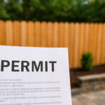 Permit document in the foreground with a wooden fence and stone hardscape patio in the background, symbolizing permit requirements for outdoor projects.