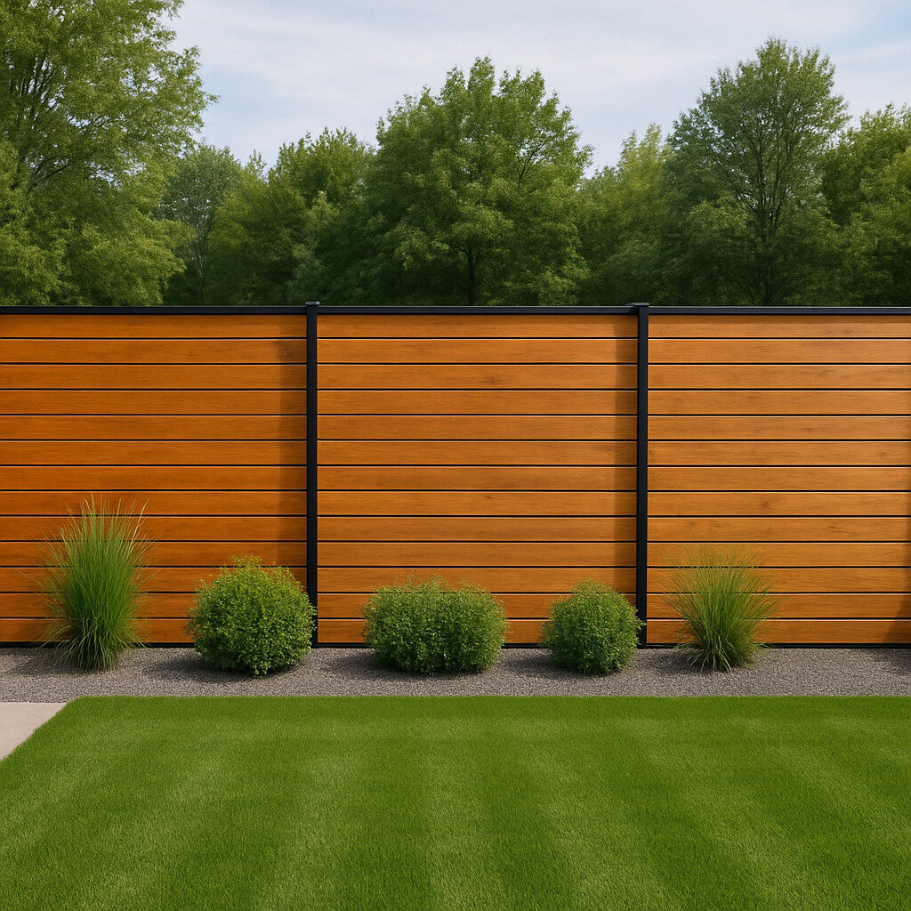 Modern horizontal cedar wood fence with black posts, minimalist landscaping, gravel border, and neatly trimmed green lawn.