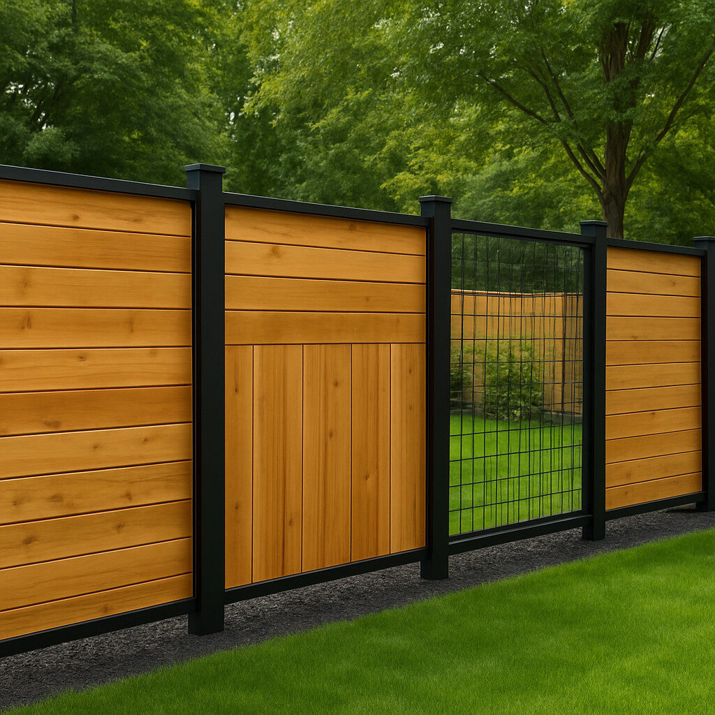Modern mixed-material fence with warm wood panels, black aluminum posts, and see-through metal sections in a landscaped North Jersey backyard.